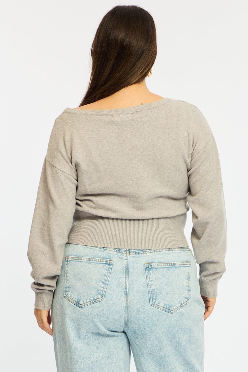 Grey Knit Top Off Shoulder Long Sleeve - Image 6