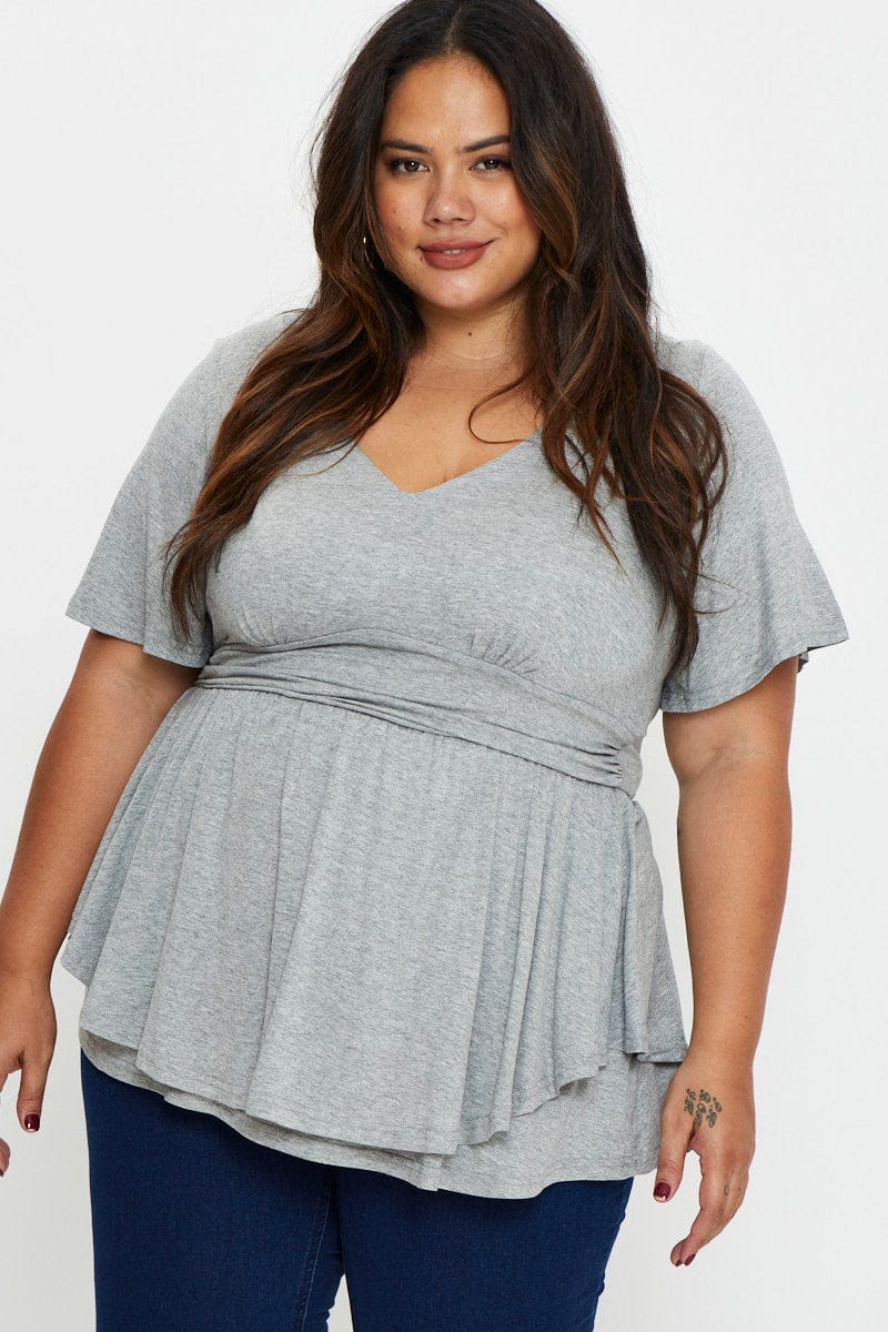 Grey Layered Top V-neck Flutter Sleeve - Image 3
