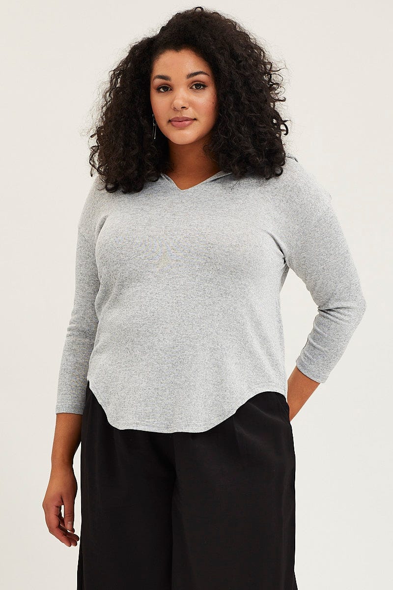 Grey Long Sleeve Curve Hem Hoodie Top - Image 3