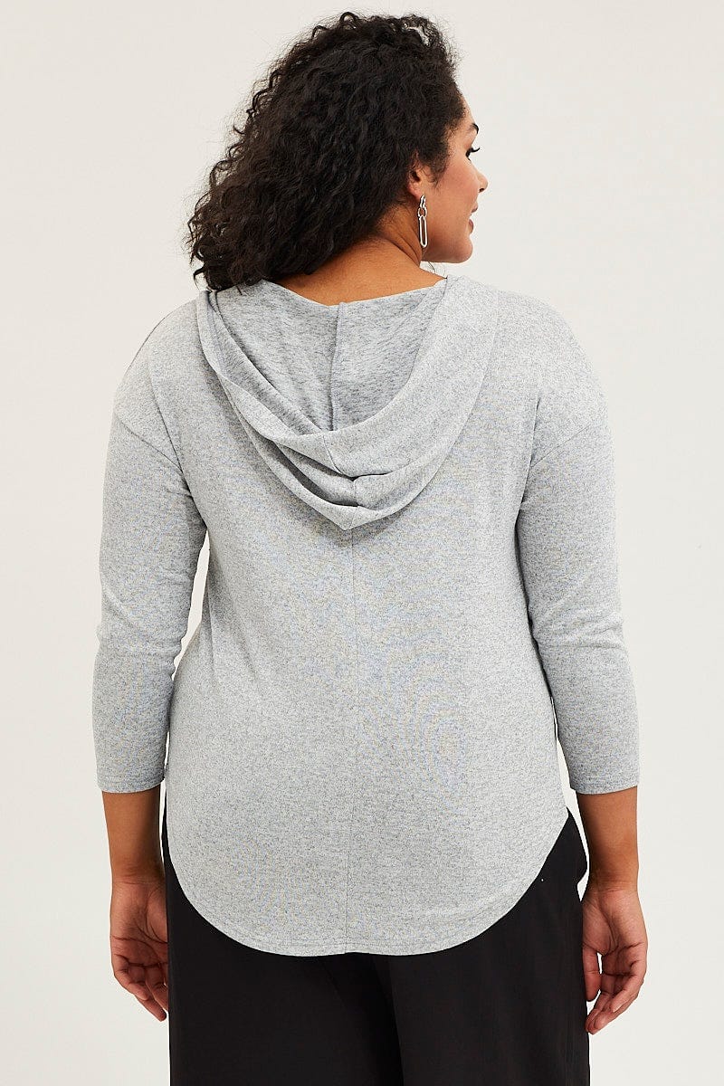 Grey Long Sleeve Curve Hem Hoodie Top - Image 5