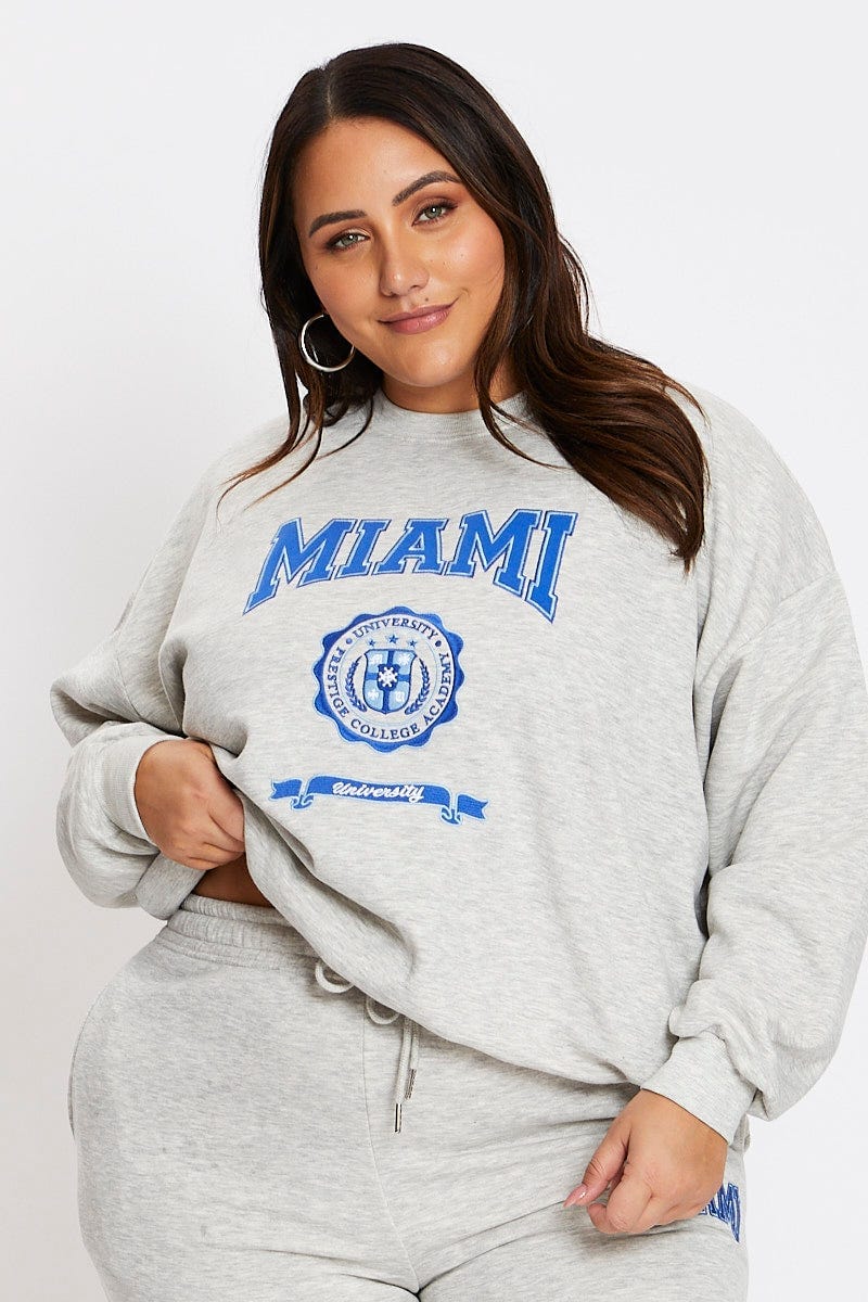 Grey Long Sleeve Miami Embroidery Stripe Trim Sweat - Image 3