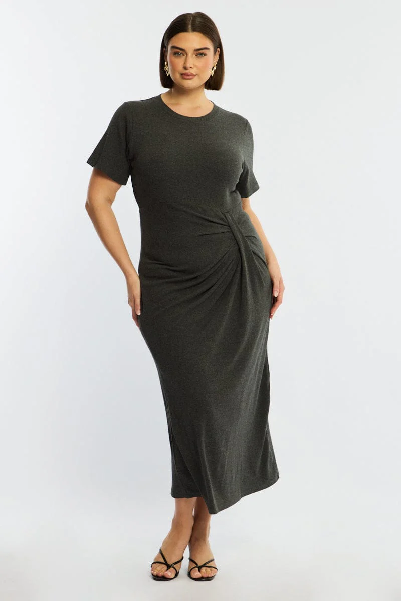 Grey Maxi Dress Short Sleeve Twisted Waist Rib - Image 3