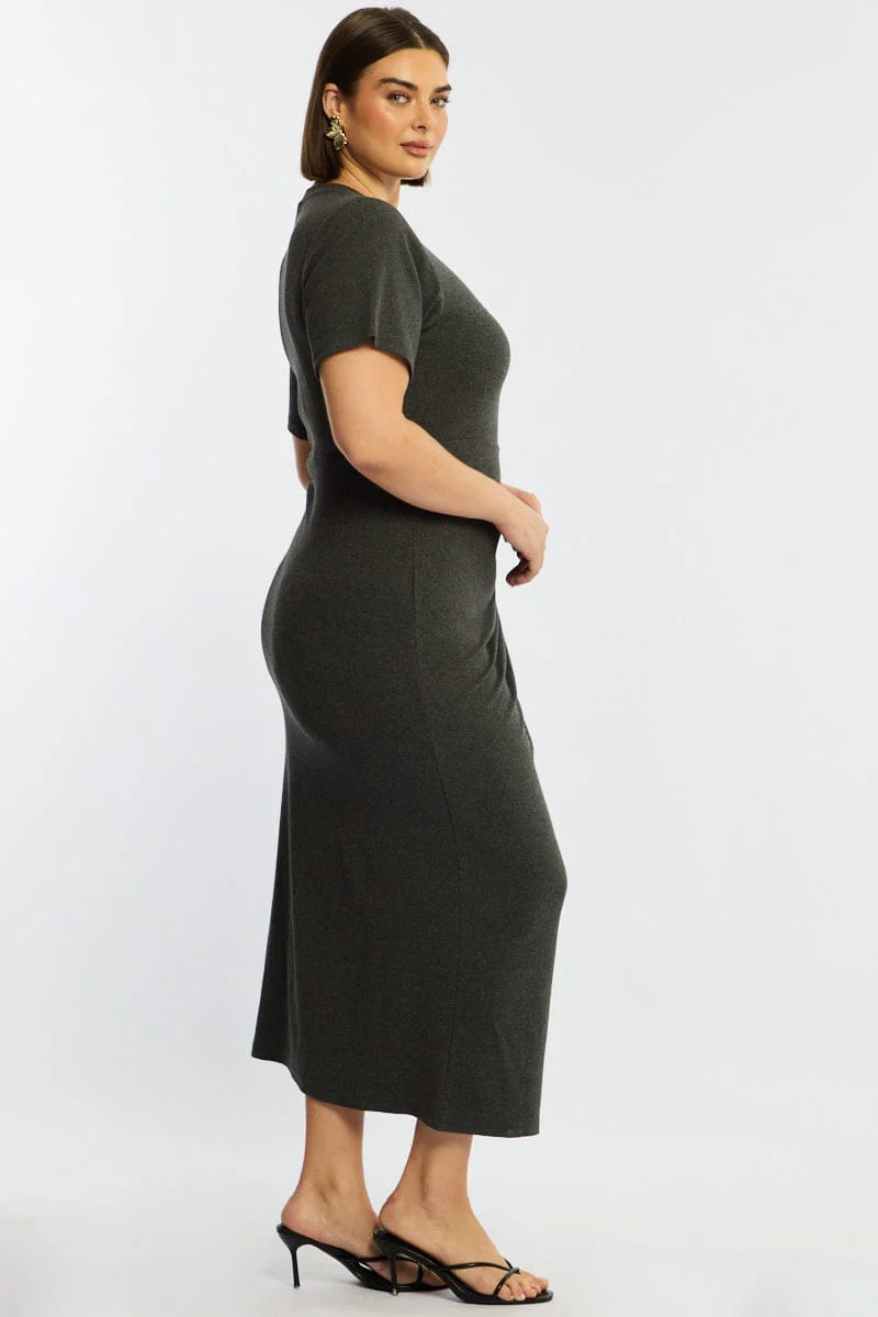 Grey Maxi Dress Short Sleeve Twisted Waist Rib - Image 4