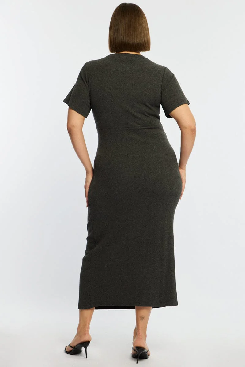 Grey Maxi Dress Short Sleeve Twisted Waist Rib - Image 5