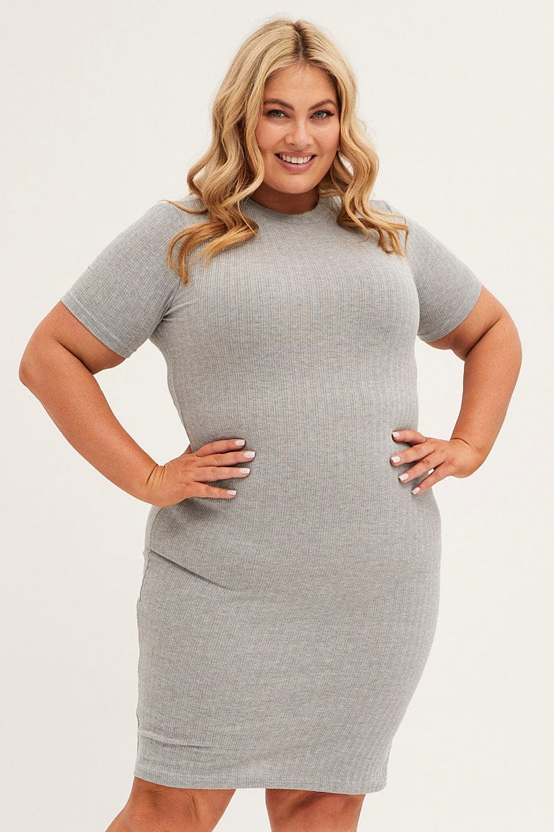 Grey Midi Dress Short Sleeve Rib Jersey Bodycon - Image 3