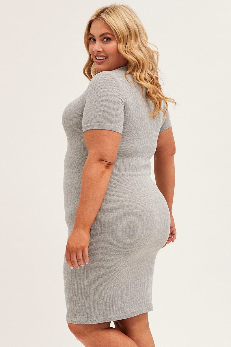 Grey Midi Dress Short Sleeve Rib Jersey Bodycon - Image 4