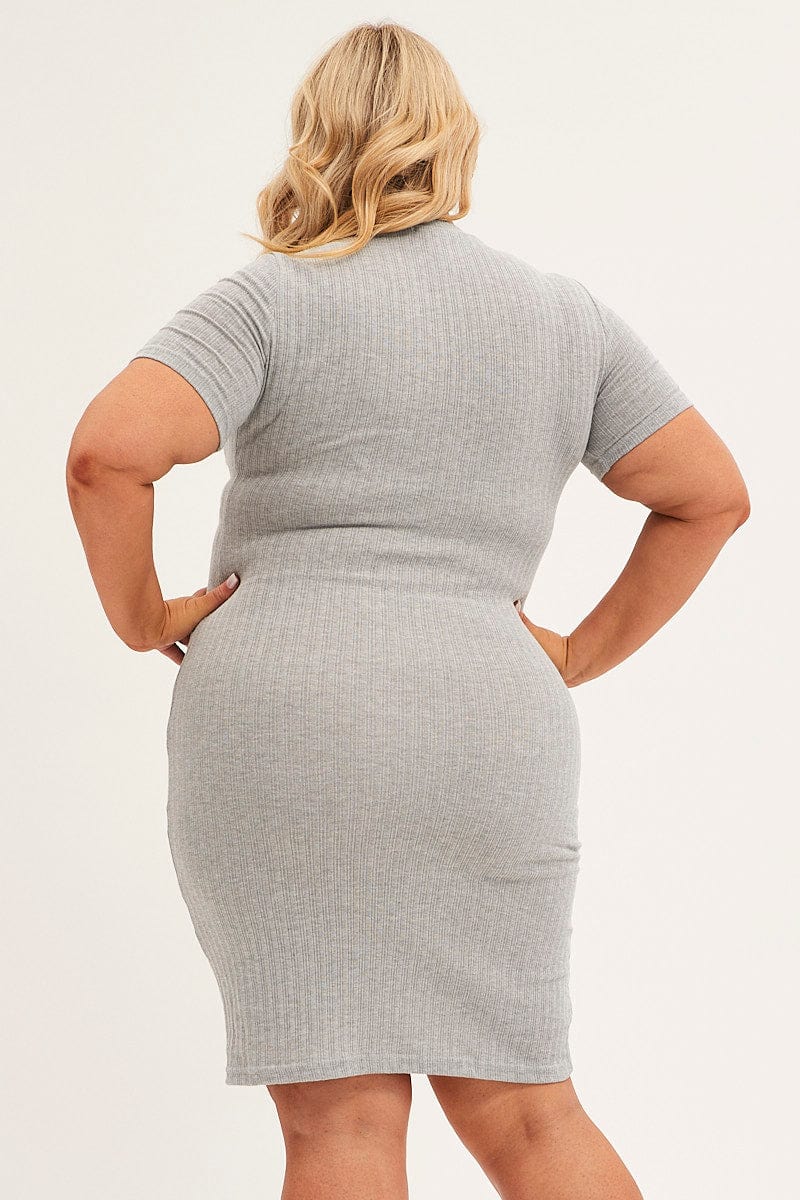 Grey Midi Dress Short Sleeve Rib Jersey Bodycon - Image 5