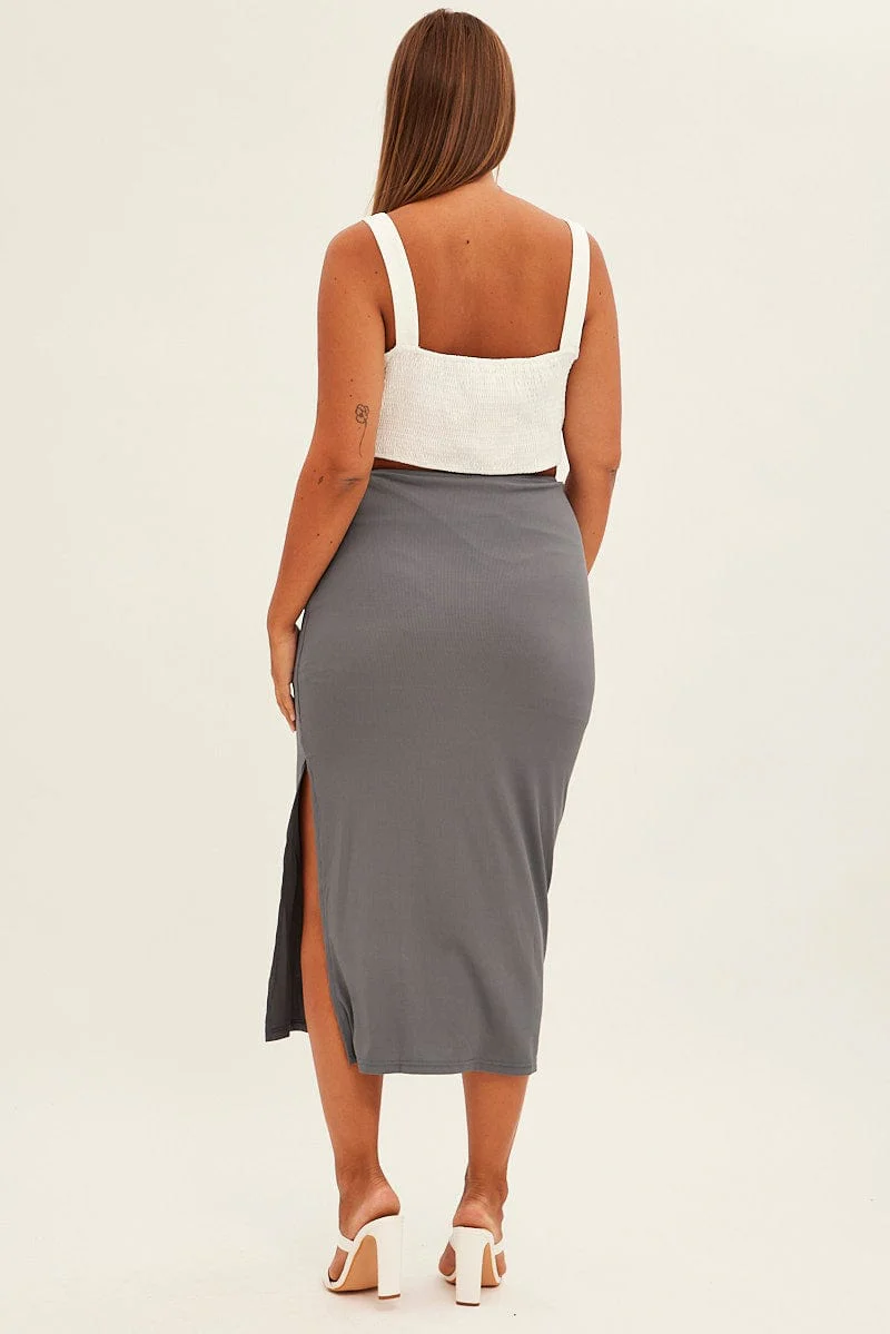 Grey Midi Skirt High Rise Pencil Ribbed - Image 5