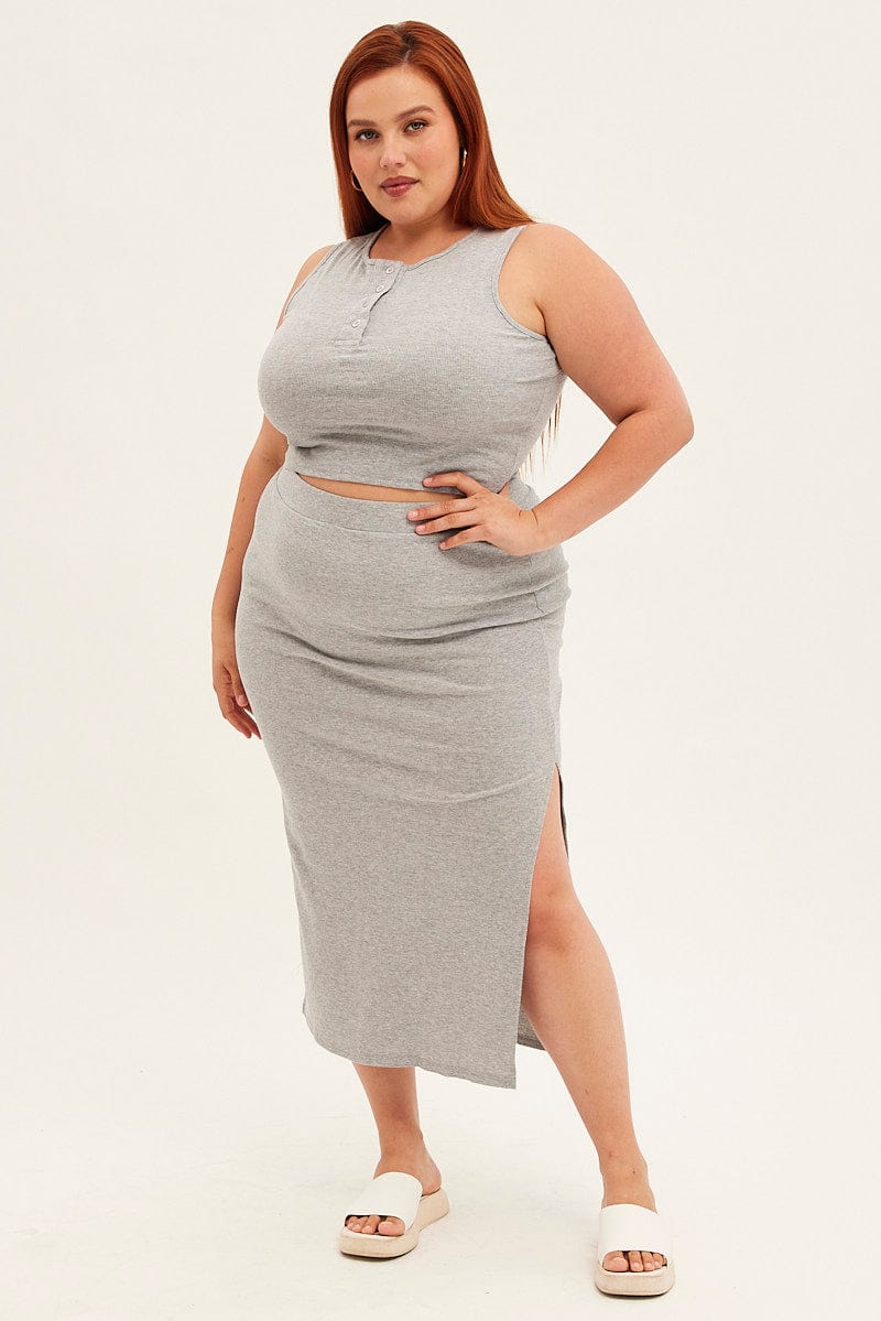 Grey Midi Skirt Rib Elastic Waist Bodycon - Image 3