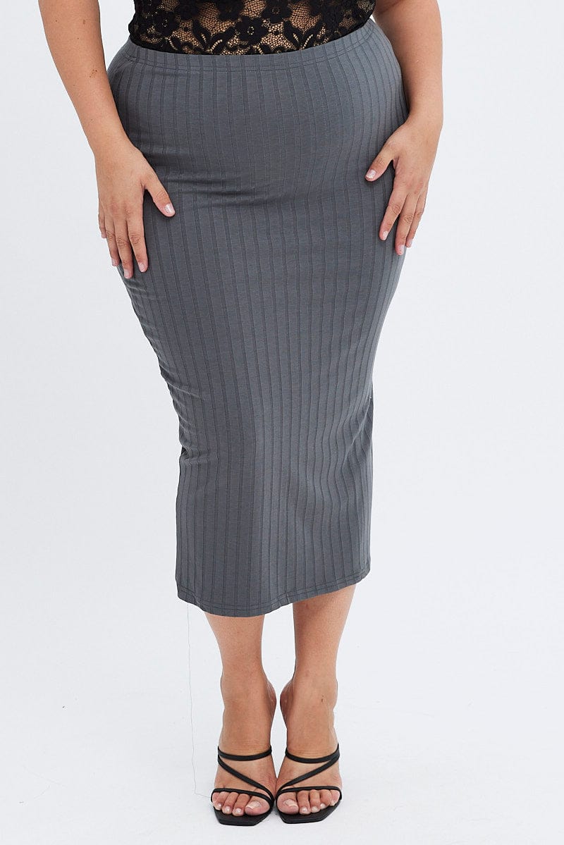 Grey Midi Skirt Wide Rib Jersey Bodycon - Image 2