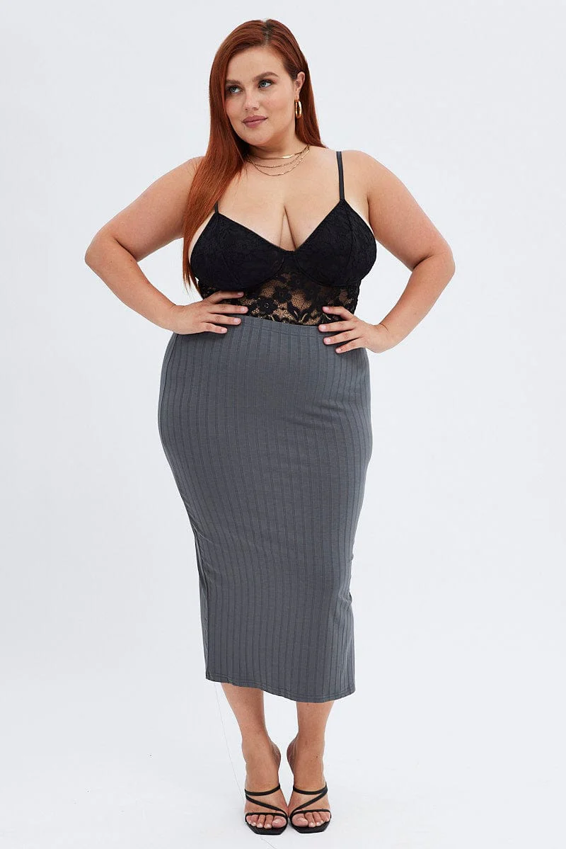 Grey Midi Skirt Wide Rib Jersey Bodycon - Image 3