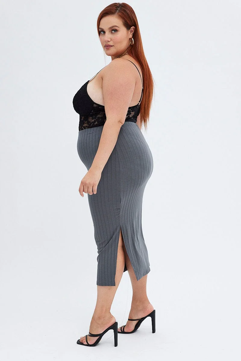 Grey Midi Skirt Wide Rib Jersey Bodycon - Image 4