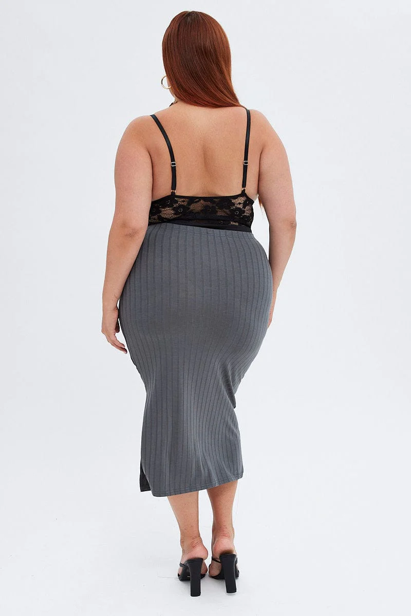 Grey Midi Skirt Wide Rib Jersey Bodycon - Image 5
