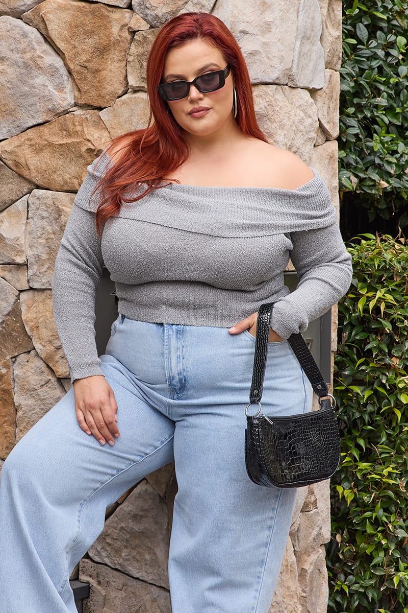 Grey Off Shoulder Knit Top - Image 2