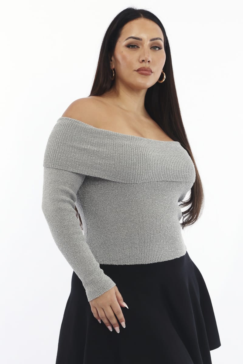 Grey Off Shoulder Knit Top - Image 5