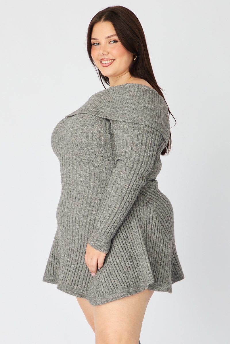 Grey Off Shoulder Long Sleeve Cable Knit Mini Dress - Image 5