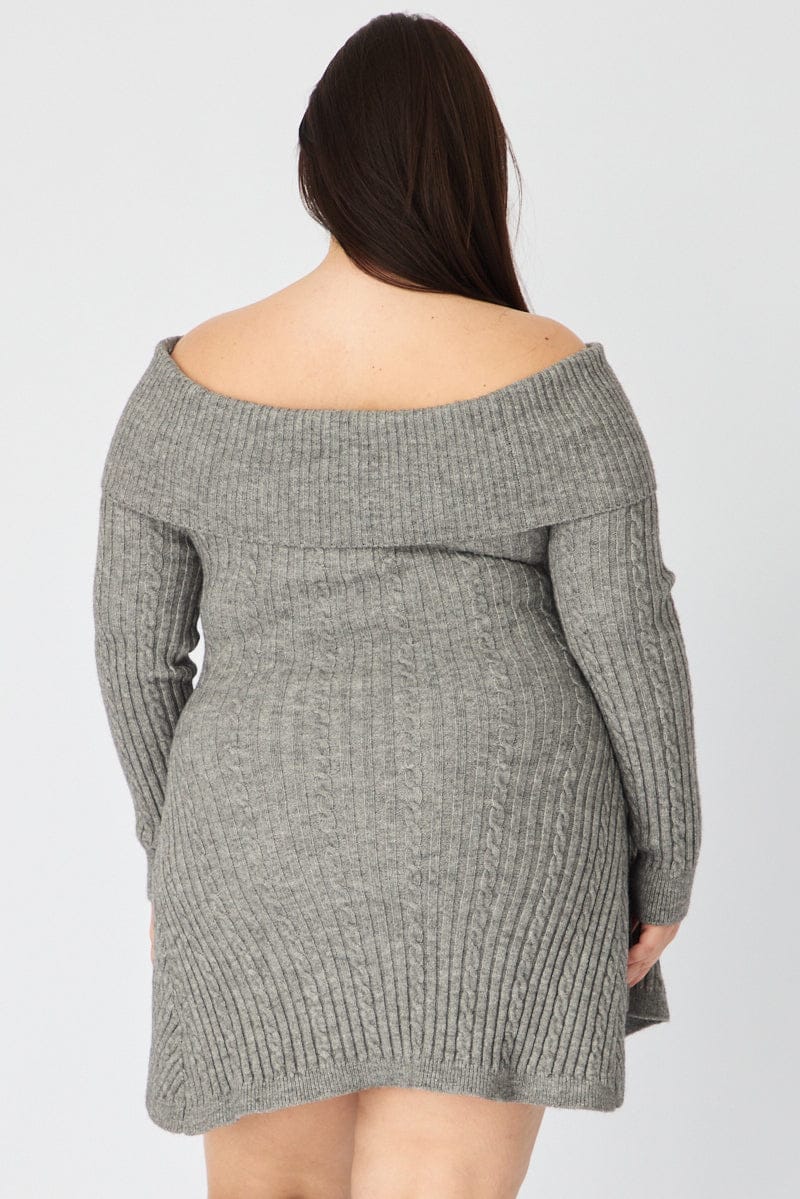 Grey Off Shoulder Long Sleeve Cable Knit Mini Dress - Image 6