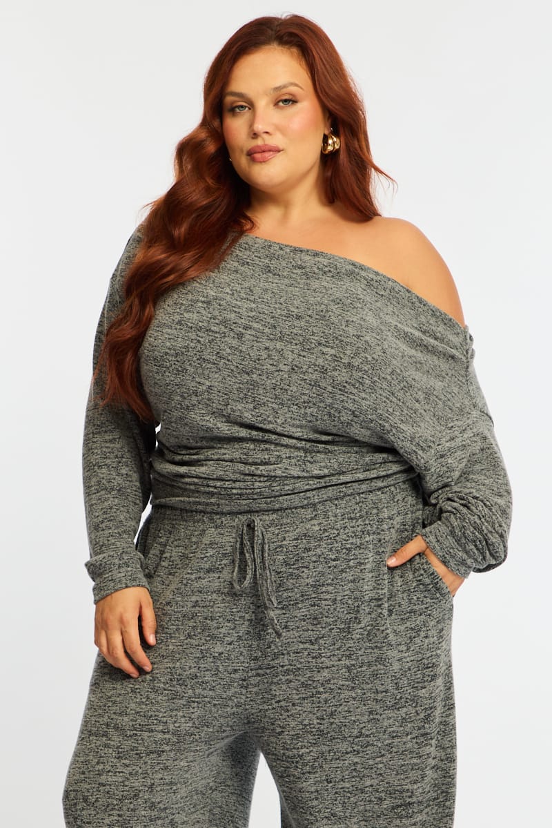 Grey Off Shoulder Top Long Sleeve - Image 2