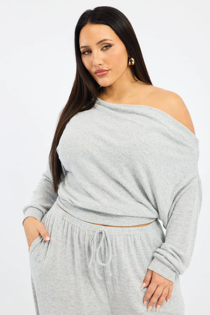 Grey Off Shoulder Top Long Sleeve - Image 2