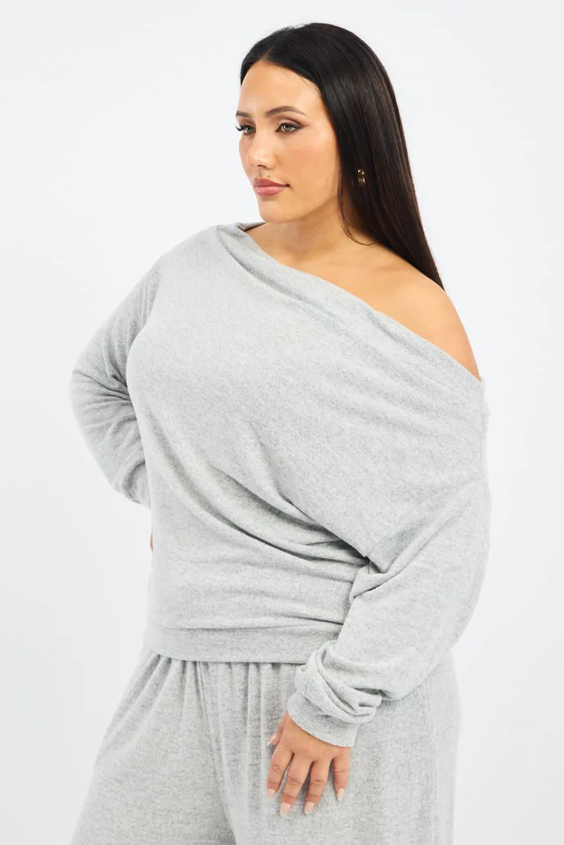 Grey Off Shoulder Top Long Sleeve - Image 3