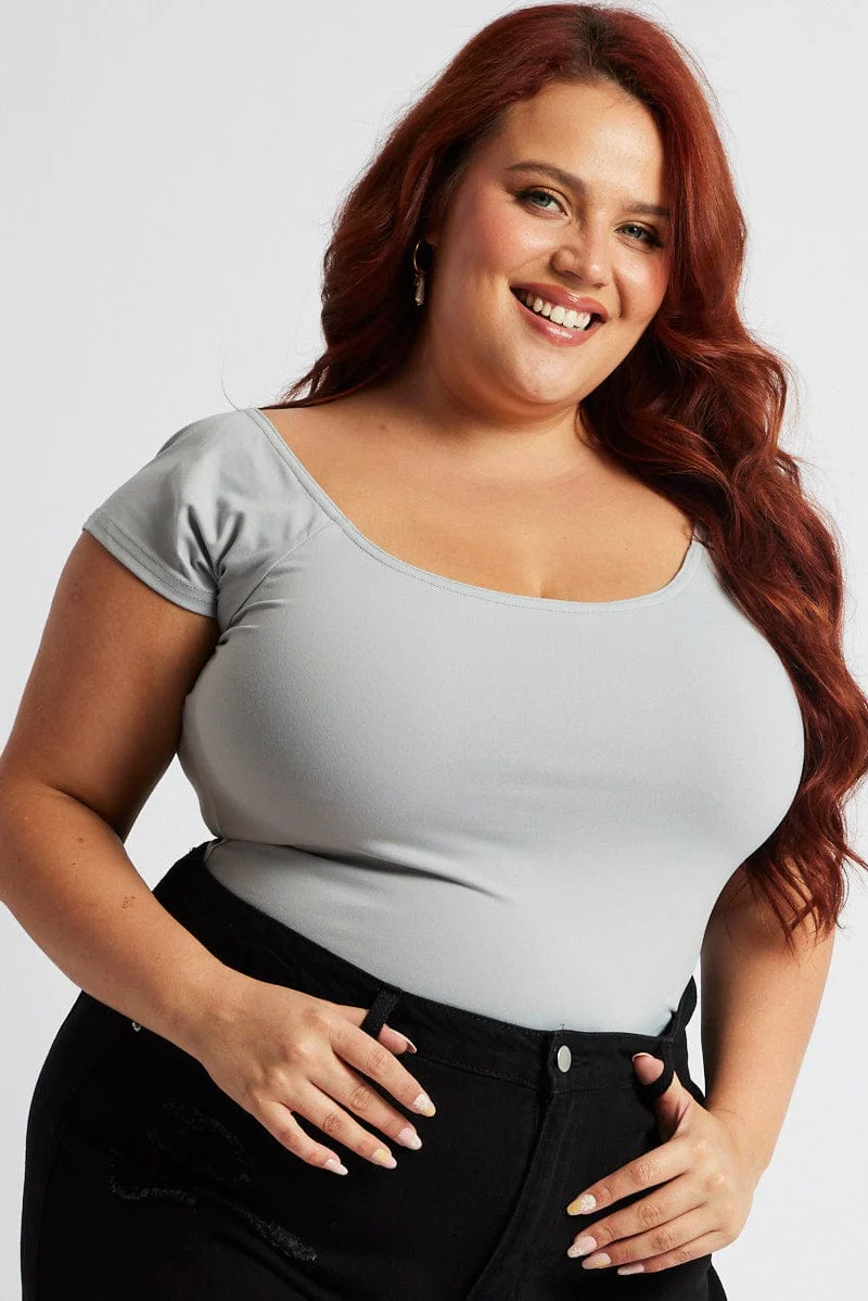 Grey Off Shoulder Top Longline Supersoft - Image 3