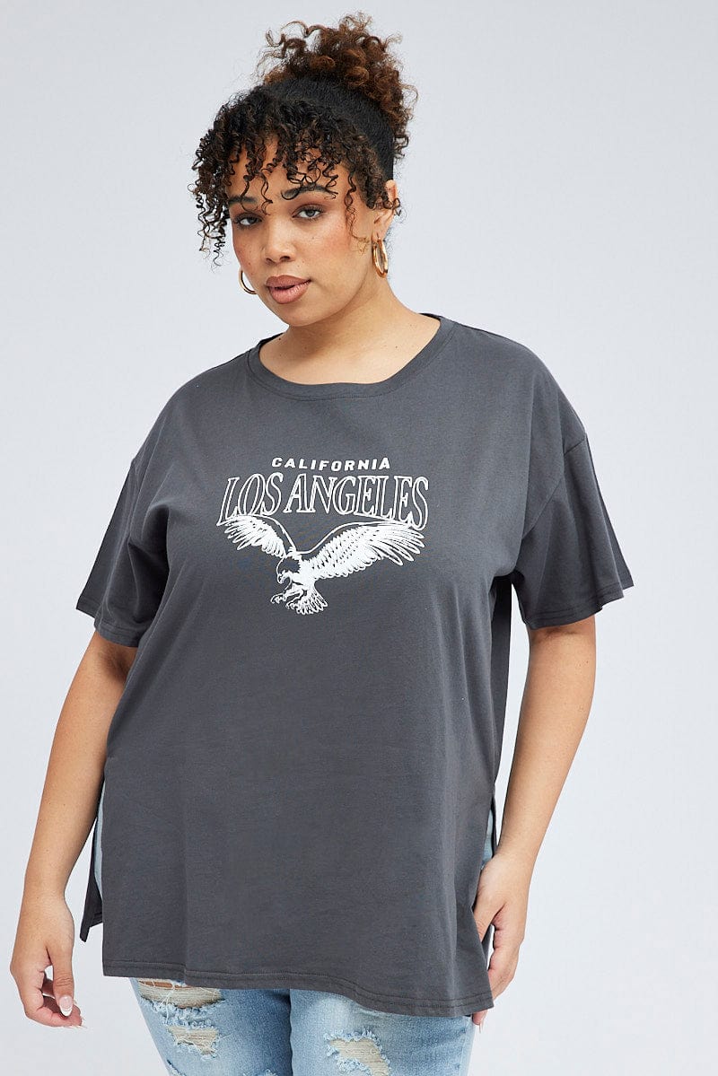 Grey Oversized Eagle Tee Side Split Round Neck - Image 3