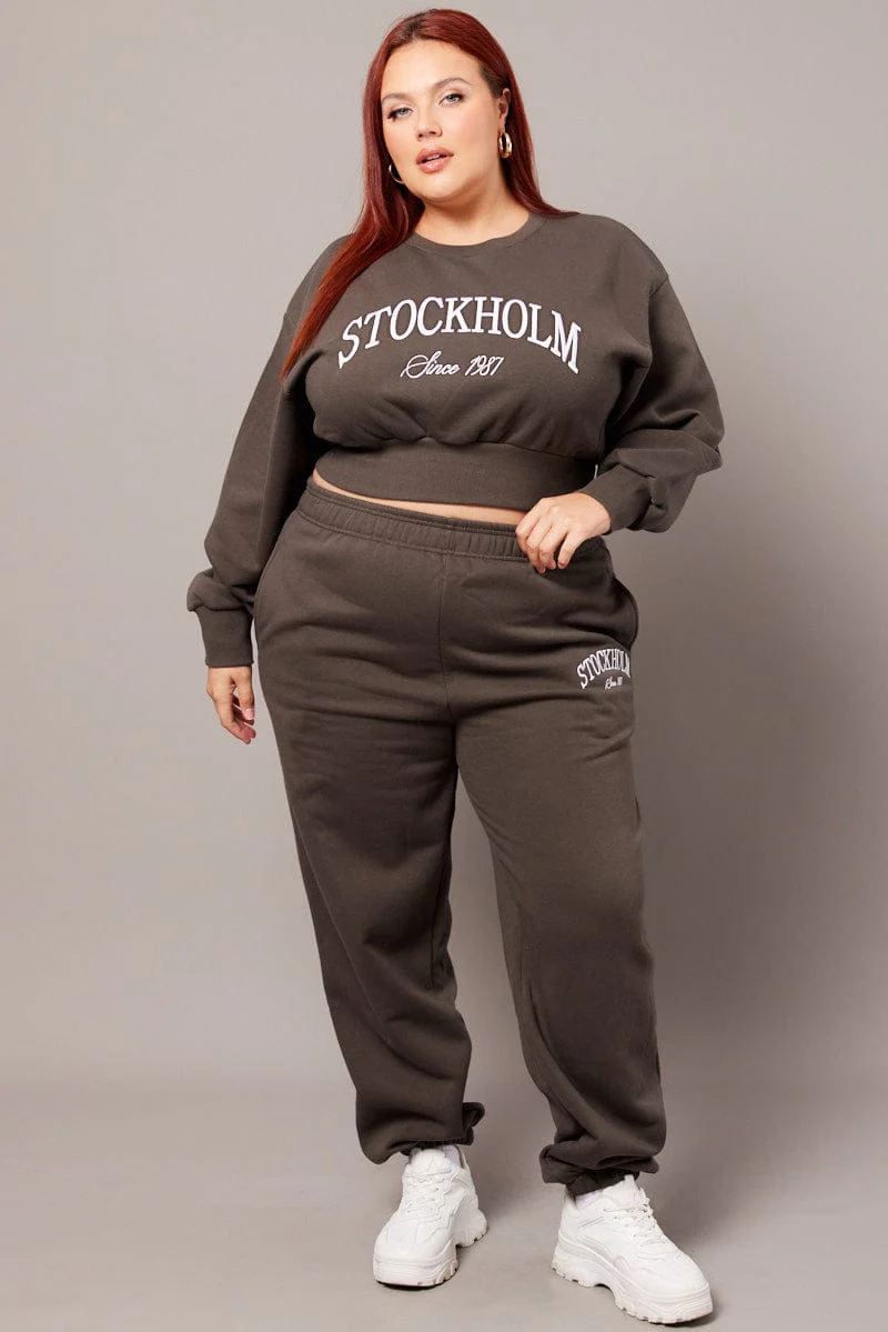 Grey Oversized Sweater Long Sleeve Crew Neck Crop - Image 2