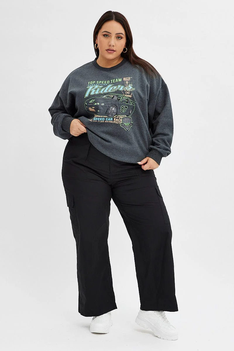 Grey Oversized Sweatshirt Racing Tour Printed Fleece - Image 2