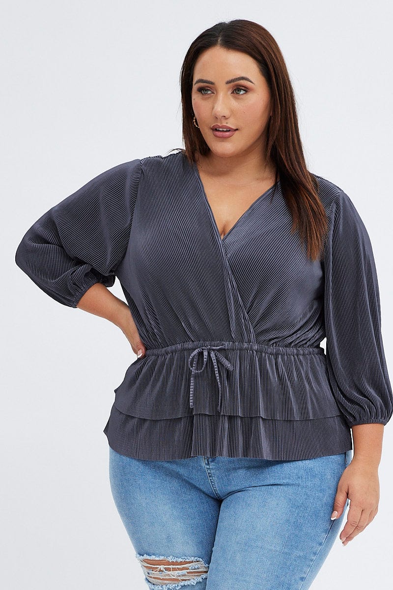 Grey Plisse Frill Layer Top Tie Side