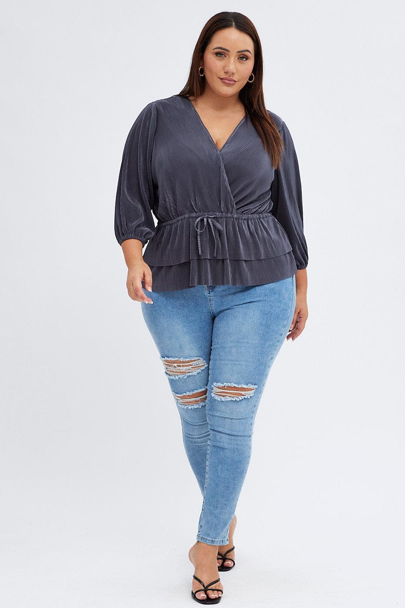 Grey Plisse Frill Layer Top Tie Side - Image 2