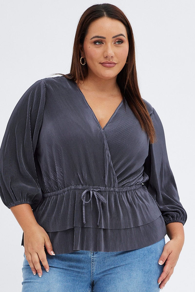 Grey Plisse Frill Layer Top Tie Side - Image 3