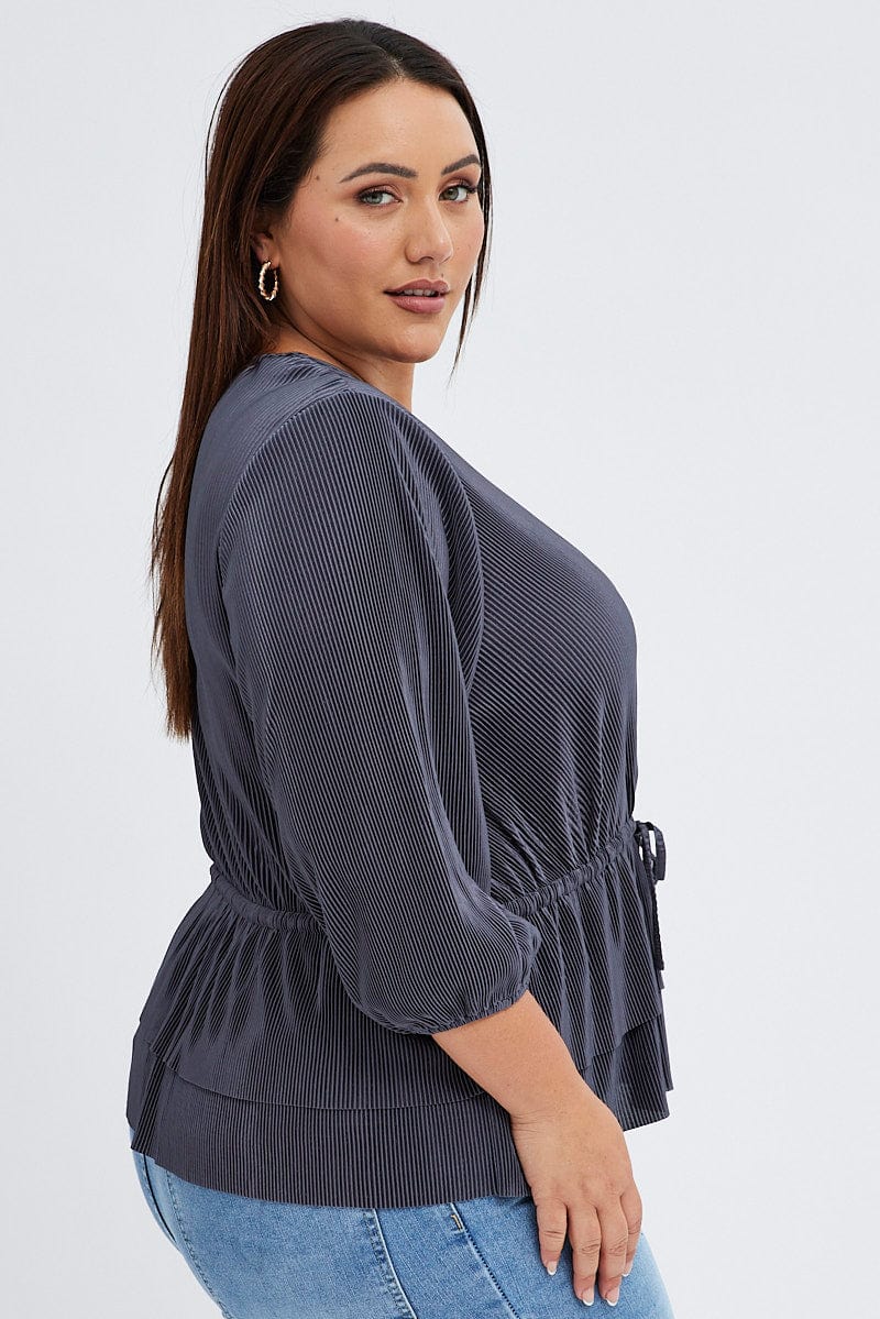 Grey Plisse Frill Layer Top Tie Side - Image 4