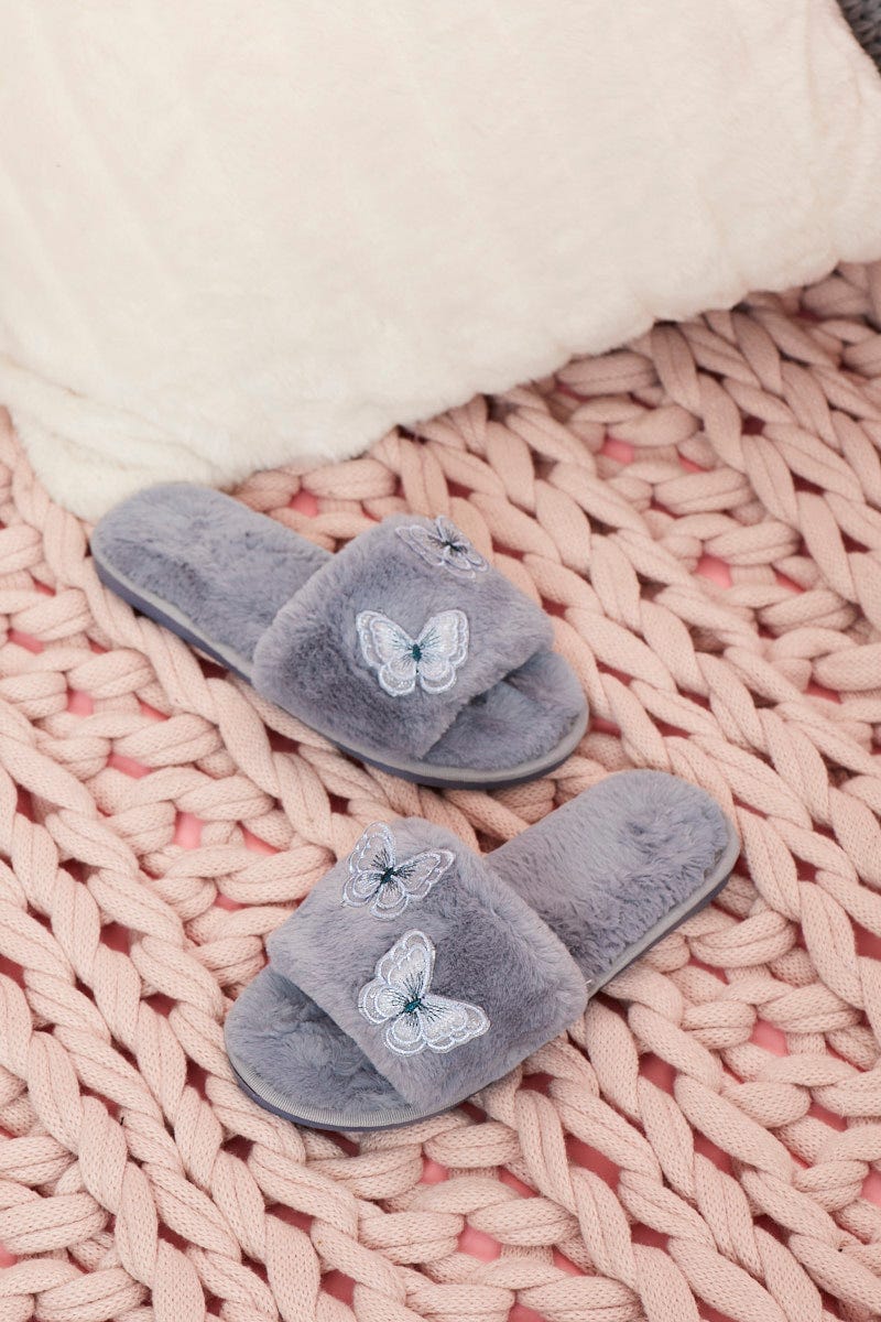 Grey Plus 3D Butterfly Faux Fur Slider Slippers - Image 2