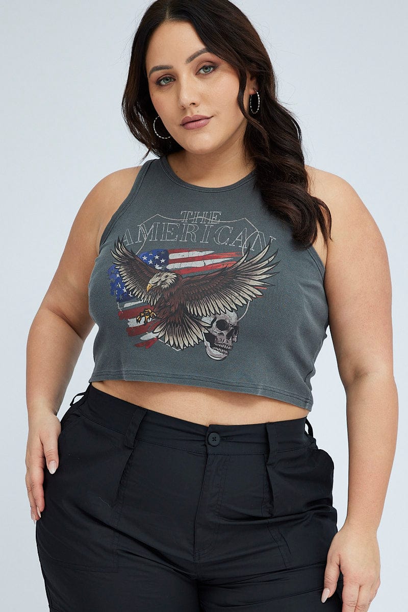 Grey Rib Tank Eagle Graphic Sleeveless - Image 3