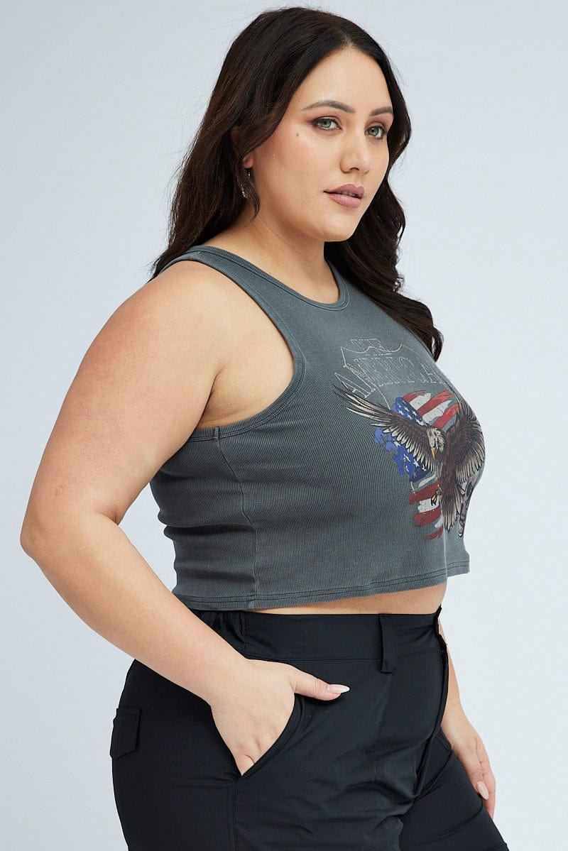 Grey Rib Tank Eagle Graphic Sleeveless - Image 4