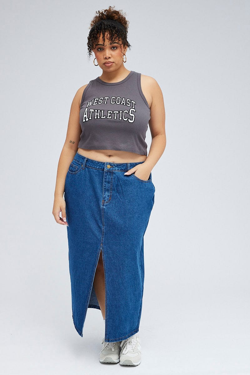 Grey Rib Tank Top With Embroidery - Image 2