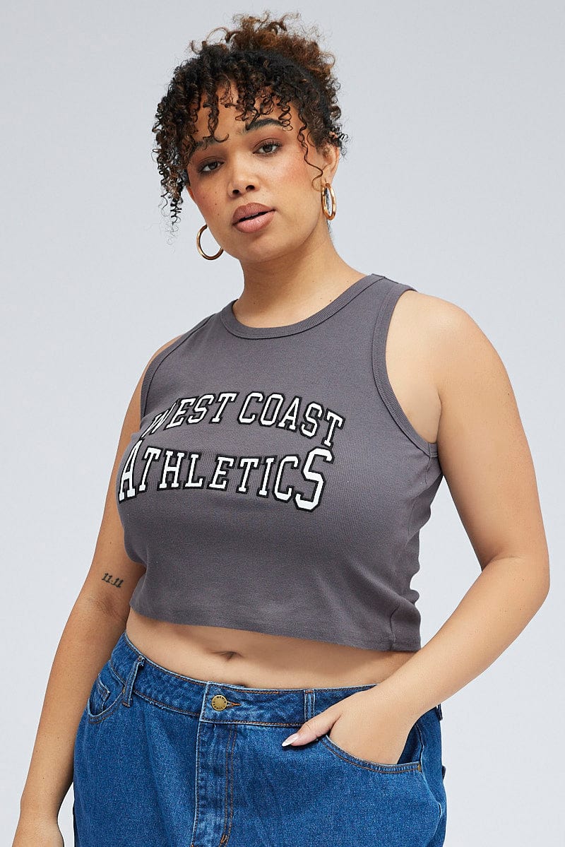Grey Rib Tank Top With Embroidery - Image 3