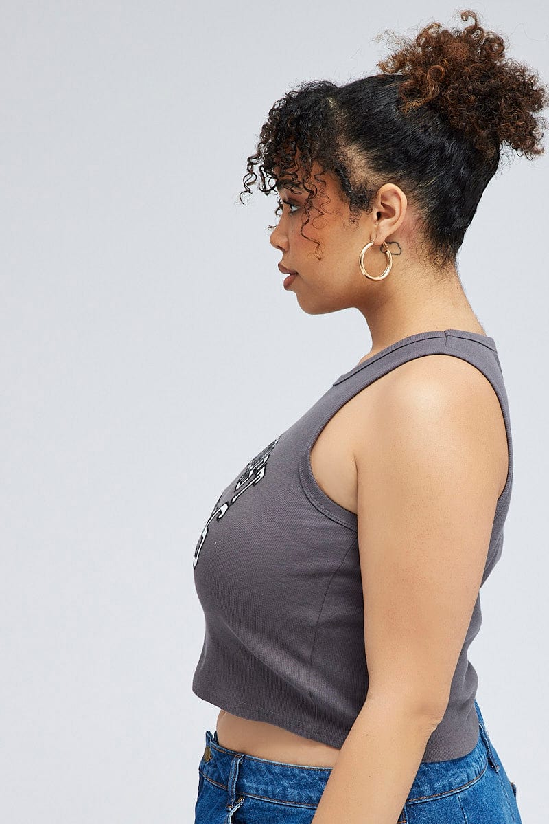 Grey Rib Tank Top With Embroidery - Image 4