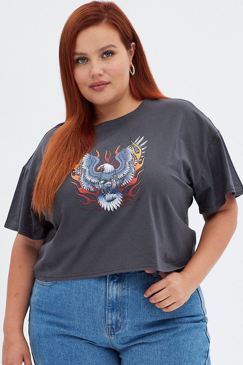 Grey Short Cuff Sleeve Graphic Regular T-shirt Crop