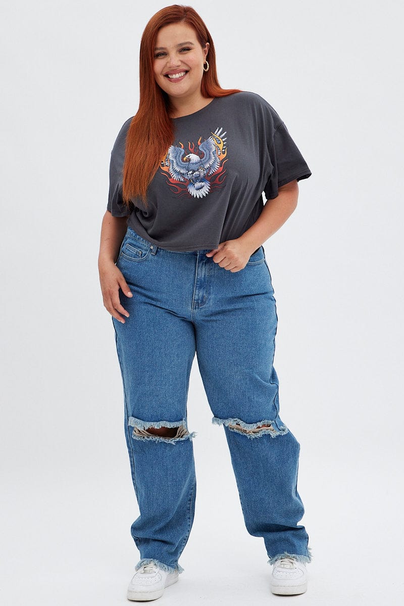 Grey Short Cuff Sleeve Graphic Regular T-shirt Crop - Image 2