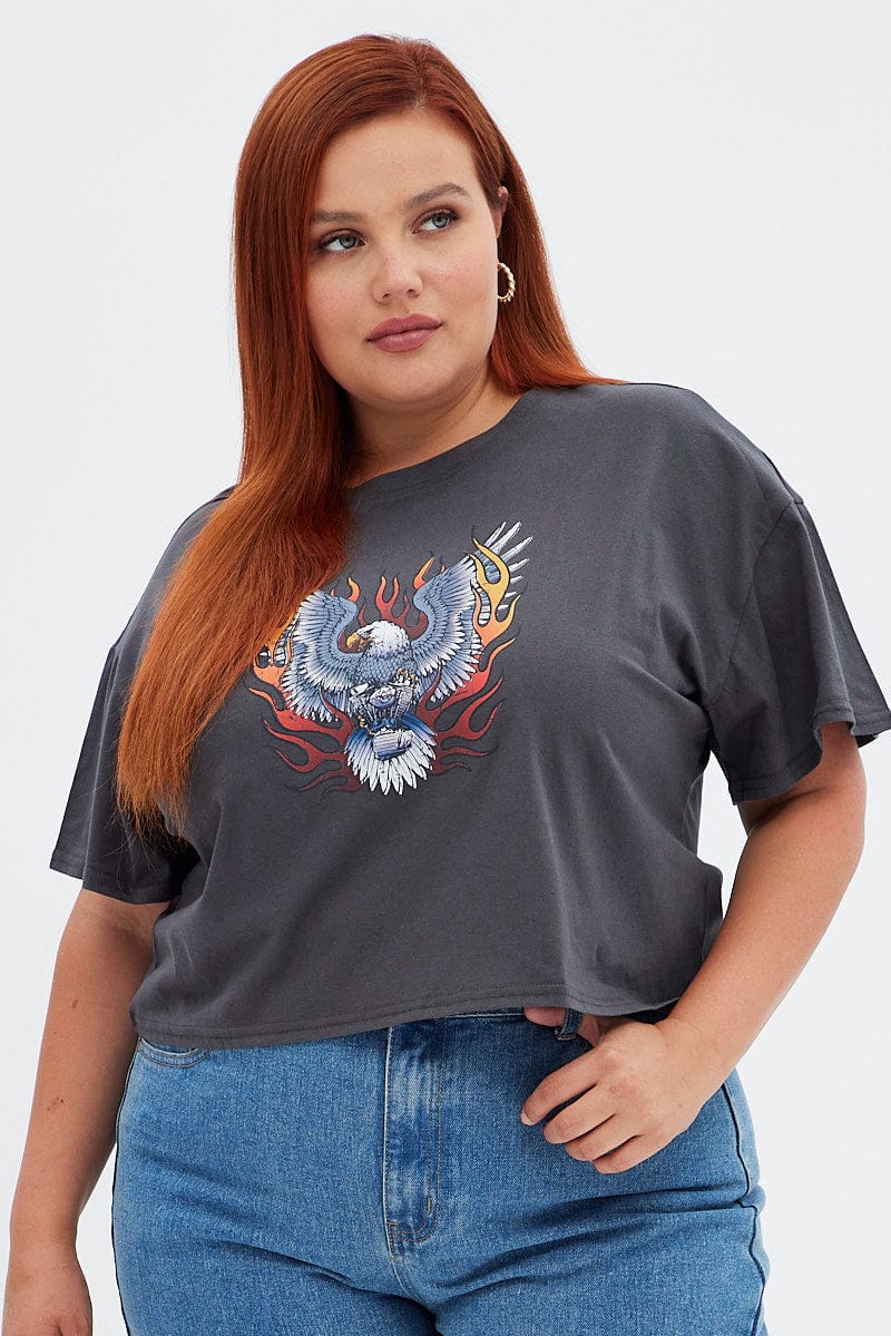 Grey Short Cuff Sleeve Graphic Regular T-shirt Crop - Image 3