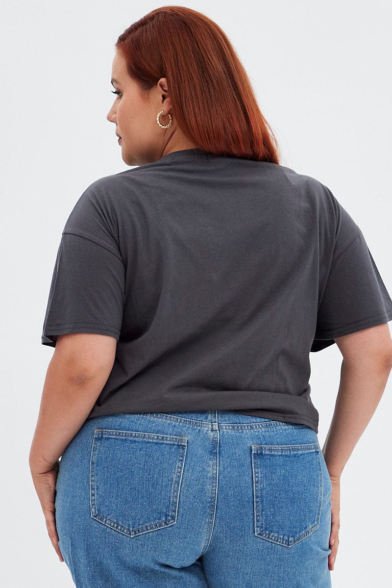 Grey Short Cuff Sleeve Graphic Regular T-shirt Crop - Image 5