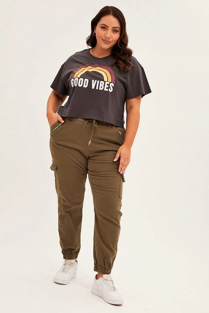 Grey Short Sleeve Crop Good Vibes Cotton T-shirt - Image 2