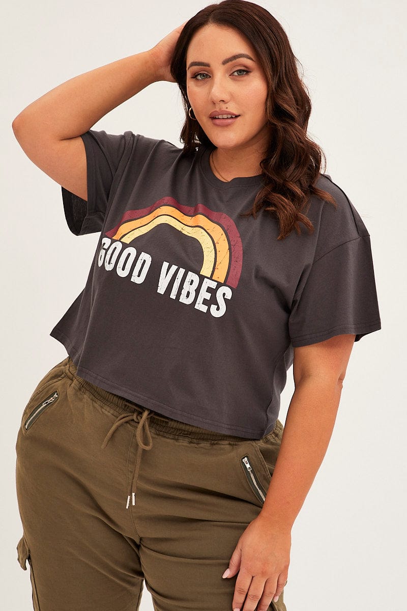 Grey Short Sleeve Crop Good Vibes Cotton T-shirt - Image 3