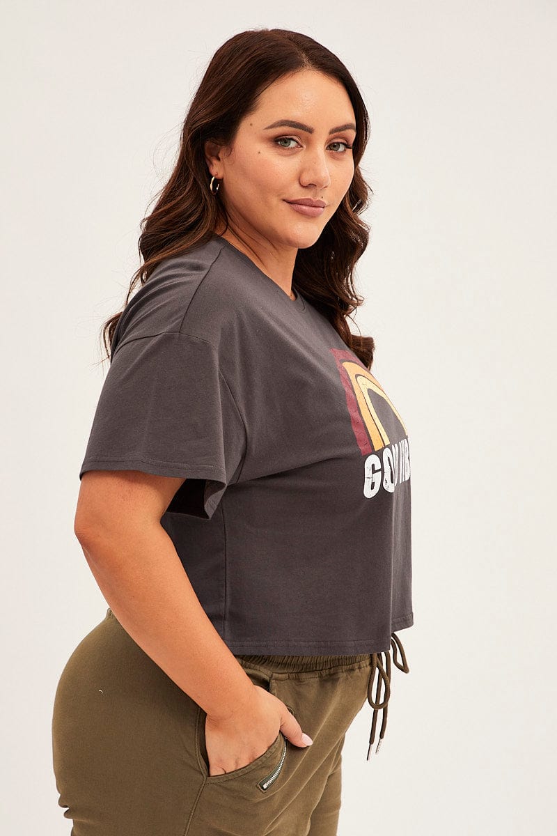 Grey Short Sleeve Crop Good Vibes Cotton T-shirt - Image 4