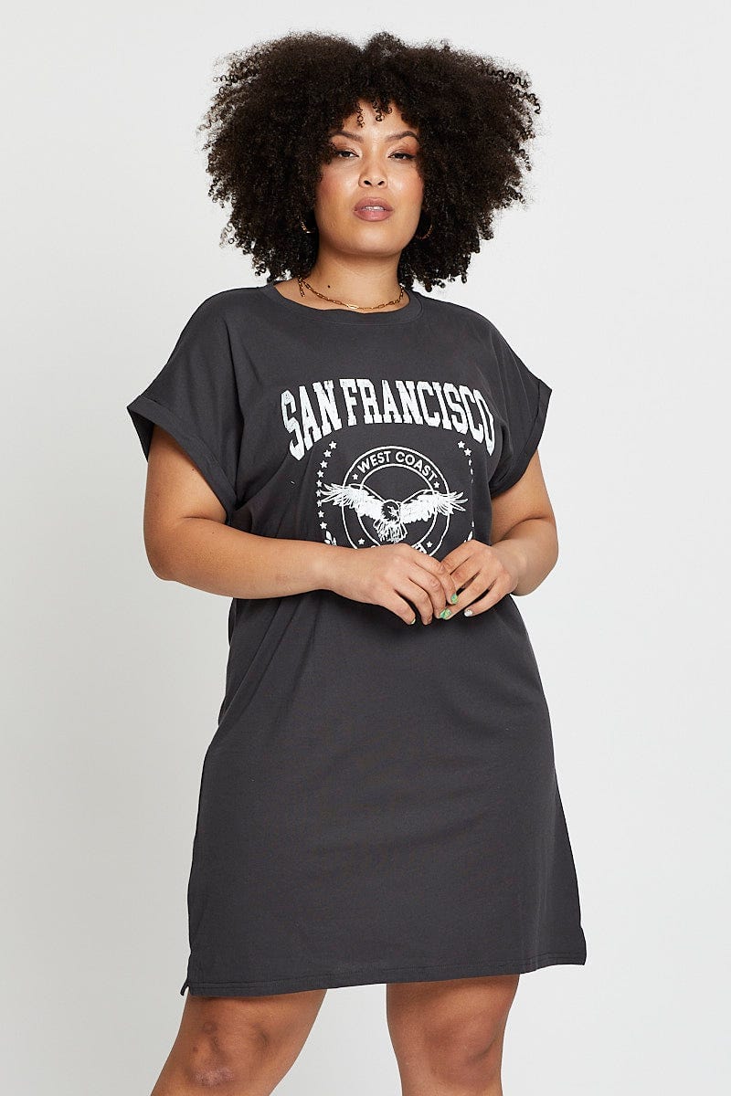 Grey Short Sleeve Graphic T-shirt Dress - Image 3