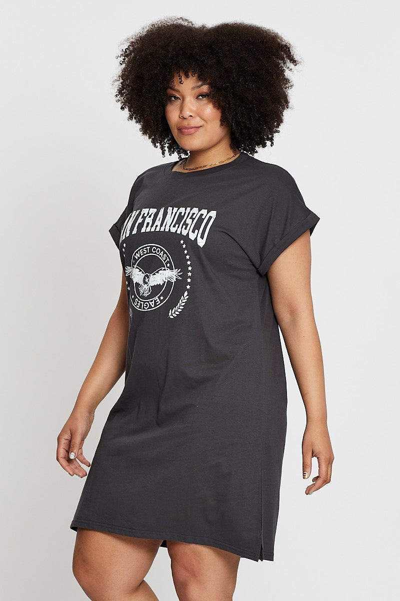 Grey Short Sleeve Graphic T-shirt Dress - Image 4