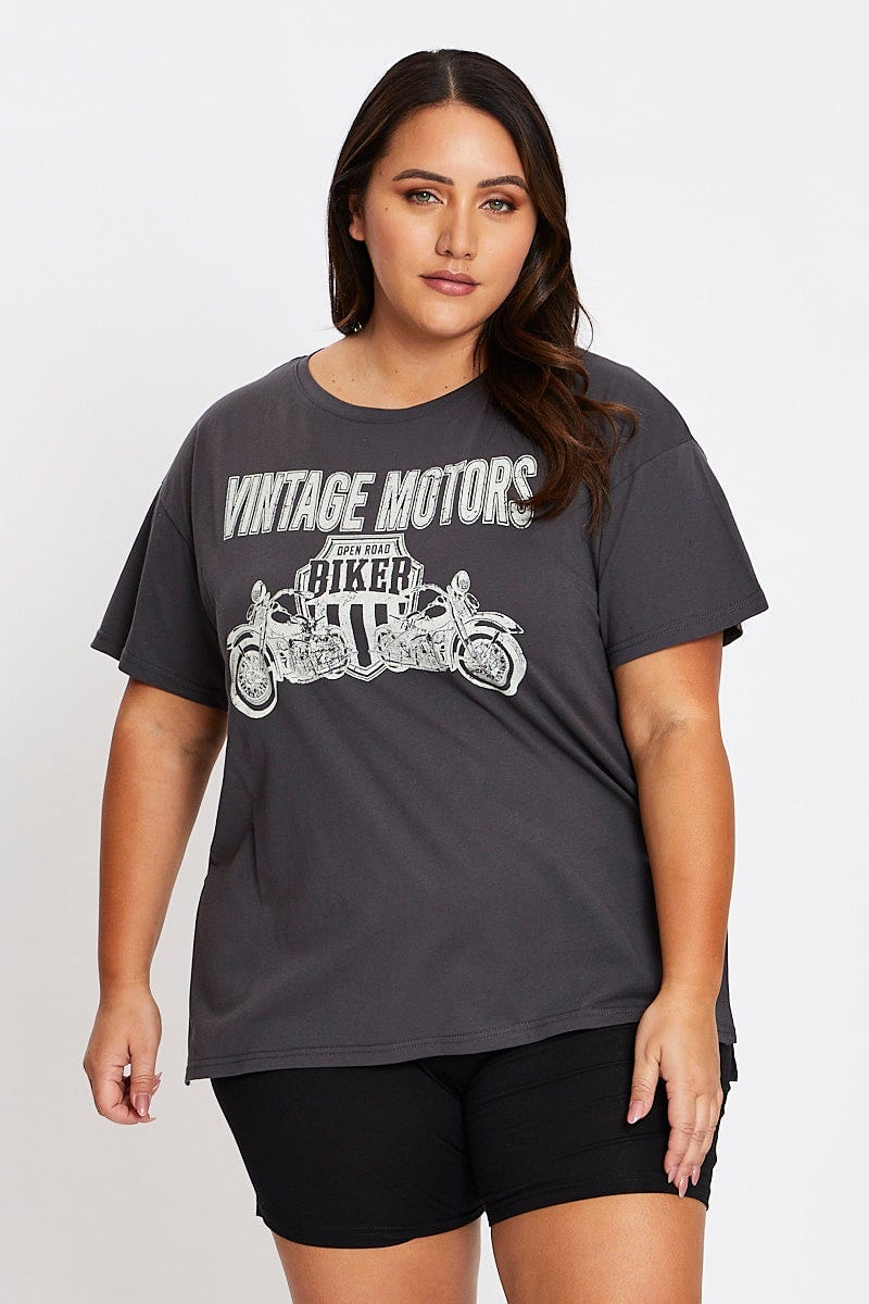 Grey Short Sleeve Vintage Bike Side Split T-shirt - Image 3