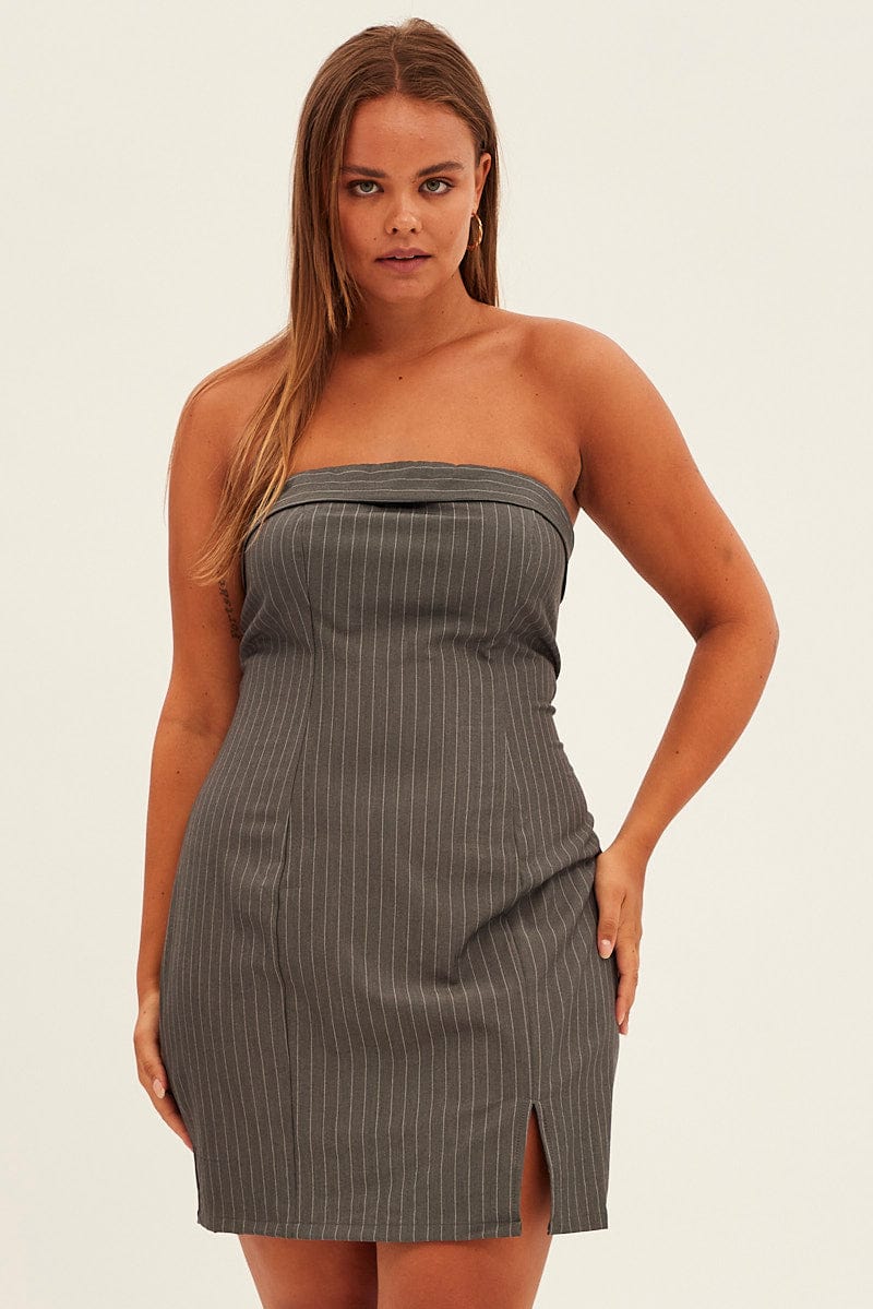 Grey Stripe Bodycon Dress Strapless - Image 3