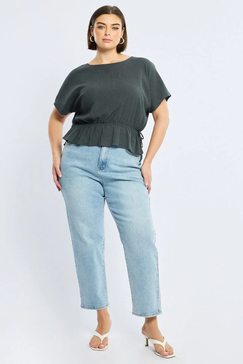 Grey Textured Top Short Sleeve Waist Tie - Image 2